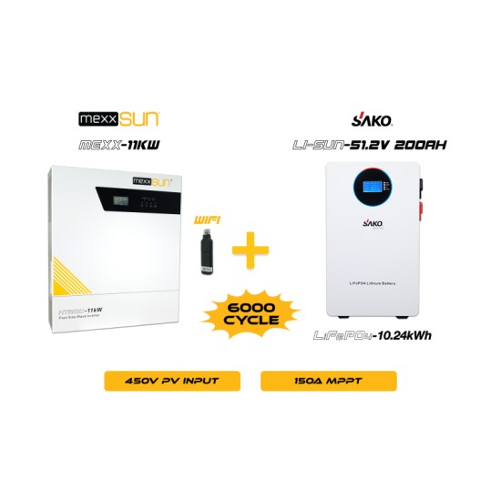 Mexx 11KW Inverter + Li-sun 51.2V 200Ah Lityum Akü Off-Grid Hibrit Paketi Mexx 11KW Inverter + Li-sun 51.2V 200Ah Lityum Akü Off-Grid Hibrit Paketi