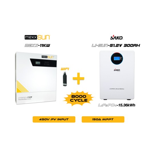 Mexx 11KW Inverter + Li-sun 51.2V 300Ah Lityum Akü Off-Grid Hibrit Paketi Mexx 11KW Inverter + Li-sun 51.2V 300Ah Lityum Akü Off-Grid Hibrit Paketi