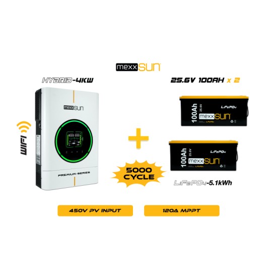 Mexx 4KW Inverter + 2x12V 100Ah Lityum Akü Off-Grid Hibrit Paketi Mexx 4KW Inverter + 2x12V 100Ah Lityum Akü Off-Grid Hibrit Paketi