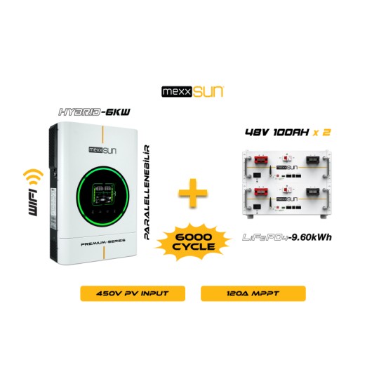 Mexx 6KW Inverter + 2x48V 100Ah Lityum Akü Off-Grid Hibrit Paketi Mexx 6KW Inverter + 2x48V 100Ah Lityum Akü Off-Grid Hibrit Paketi