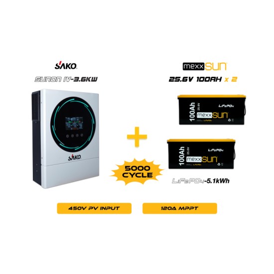 Sunon-IV 3.6KW Inverter + 2x25.6V 100Ah Lityum Akü Off-Grid Hibrit Paketi Sunon-IV 3.6KW Inverter + 2x25.6V 100Ah Lityum Akü Off-Grid Hibrit Paketi