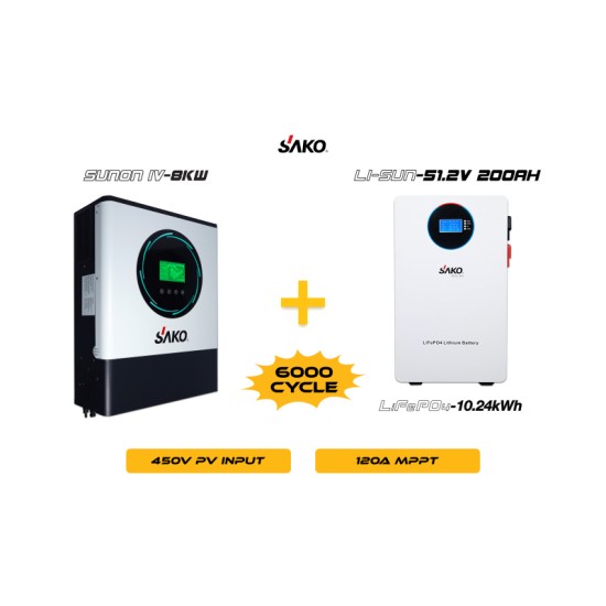 Sunon-IV 8KW Inverter + Li-sun 51.2V 200Ah Lityum Akü Off-Grid Hibrit Paketi Sunon-IV 8KW Inverter + Li-sun 51.2V 200Ah Lityum Akü Off-Grid Hibrit Paketi